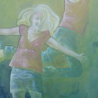 Gemälde in Mischtechnik eines Mannes am Tisch mit einer Tasse sitzend,
       Illustration des Liedes Schwarz zu blau von von Peter Fox